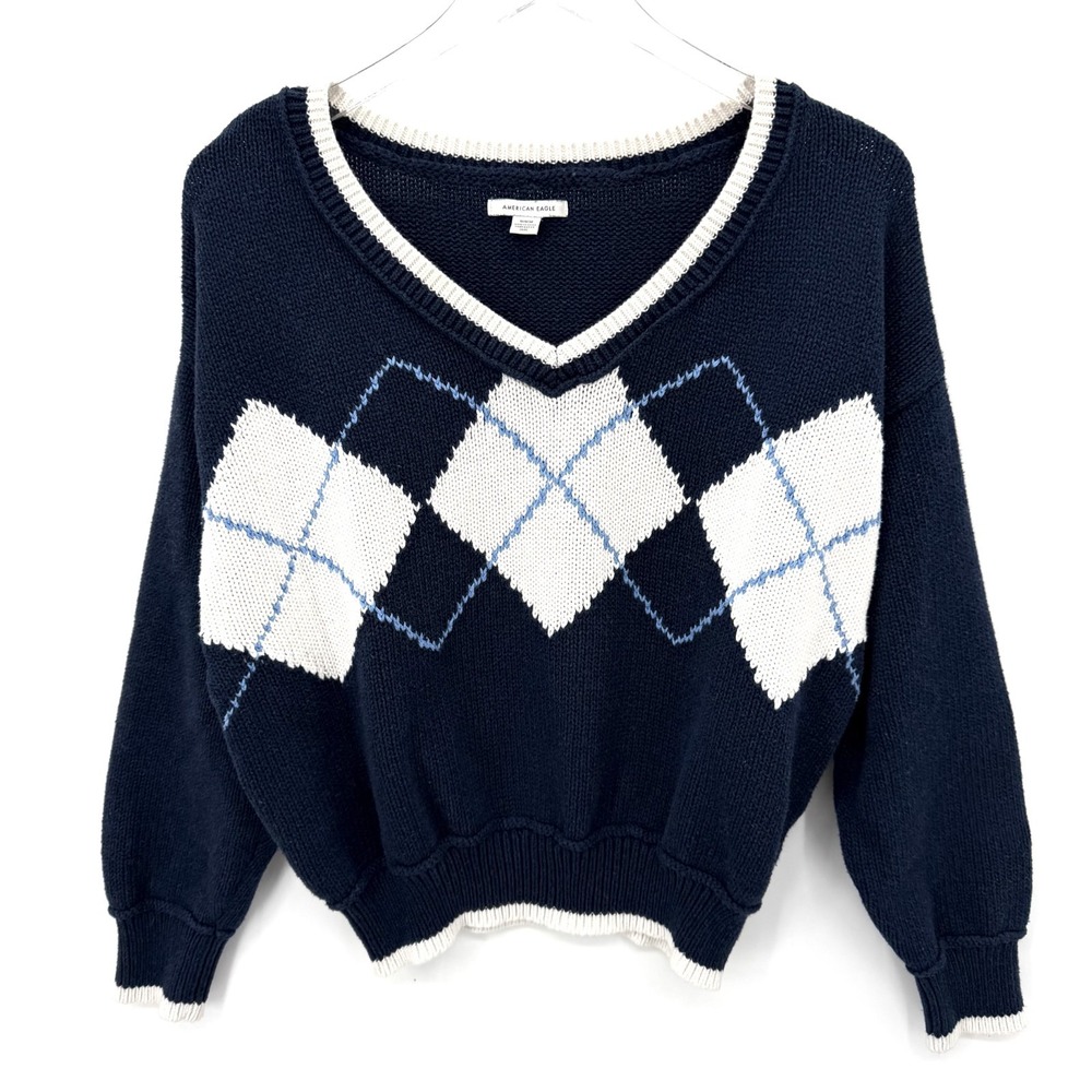 American Eagle Argyle Sweater Size M Preppy Academia Blue Chunky Knit V-Neck